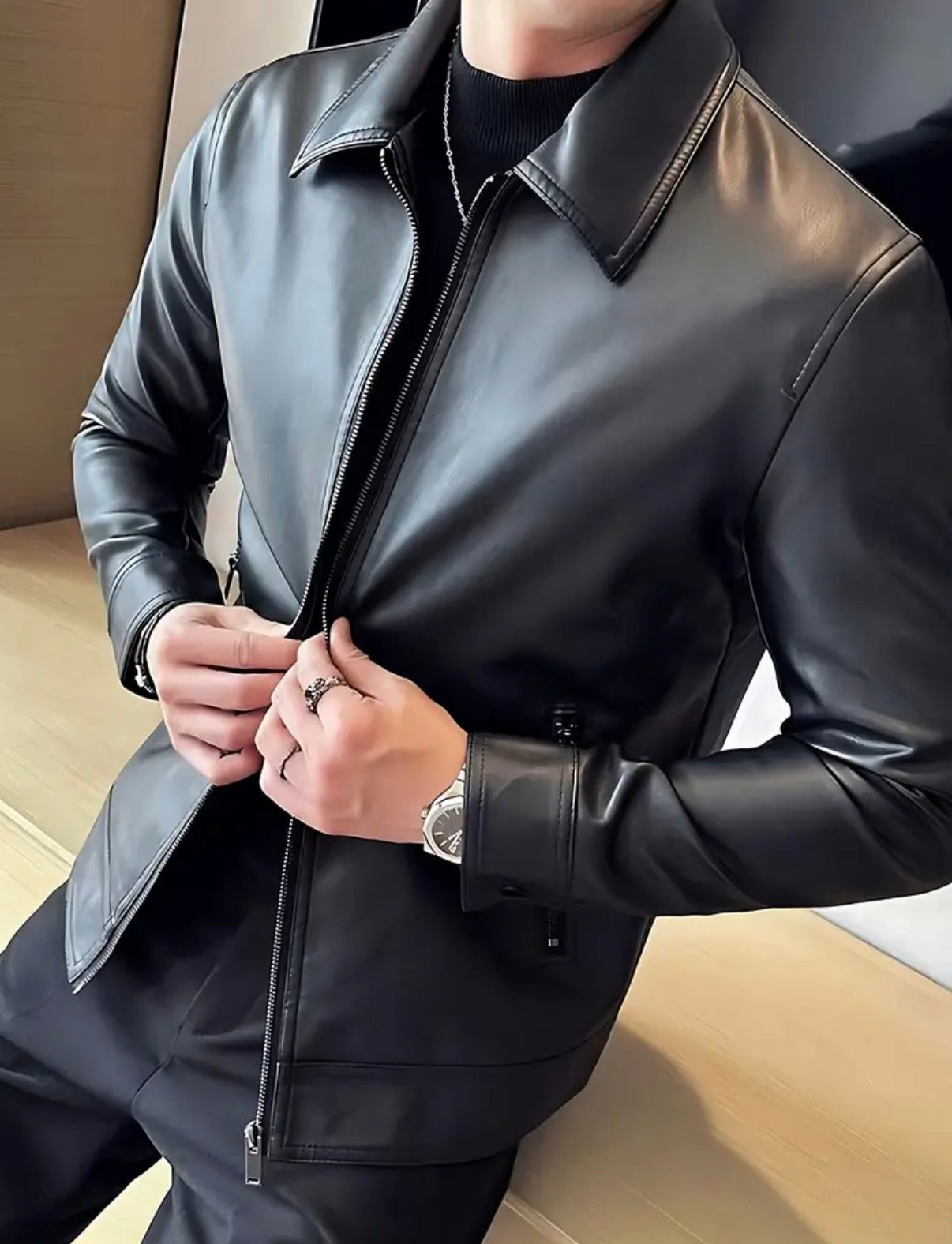 Giacca  casual da uomo slim-fit - Chiusura con cerniera morbida, poliestere di alta qualità, nera