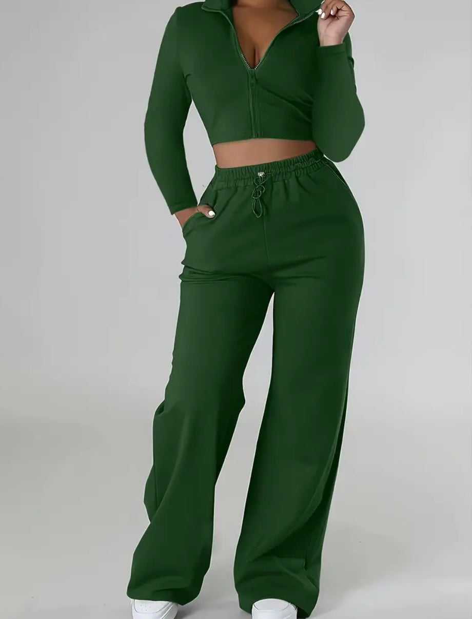 Completo Casual Donna a Due Pezzi – Top Corto con Zip e Pantaloni con Coulisse