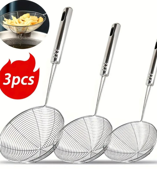 3 strainers in acciaio inossidabile con manico lungo