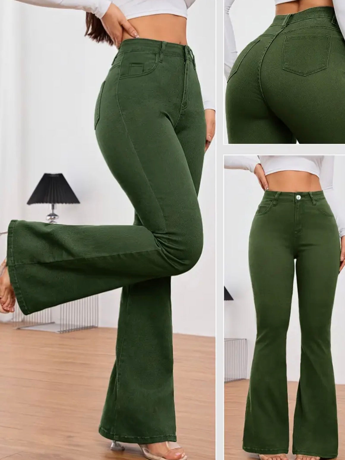 Jeans a Zampa d'Elefante Verdi a Vita Alta