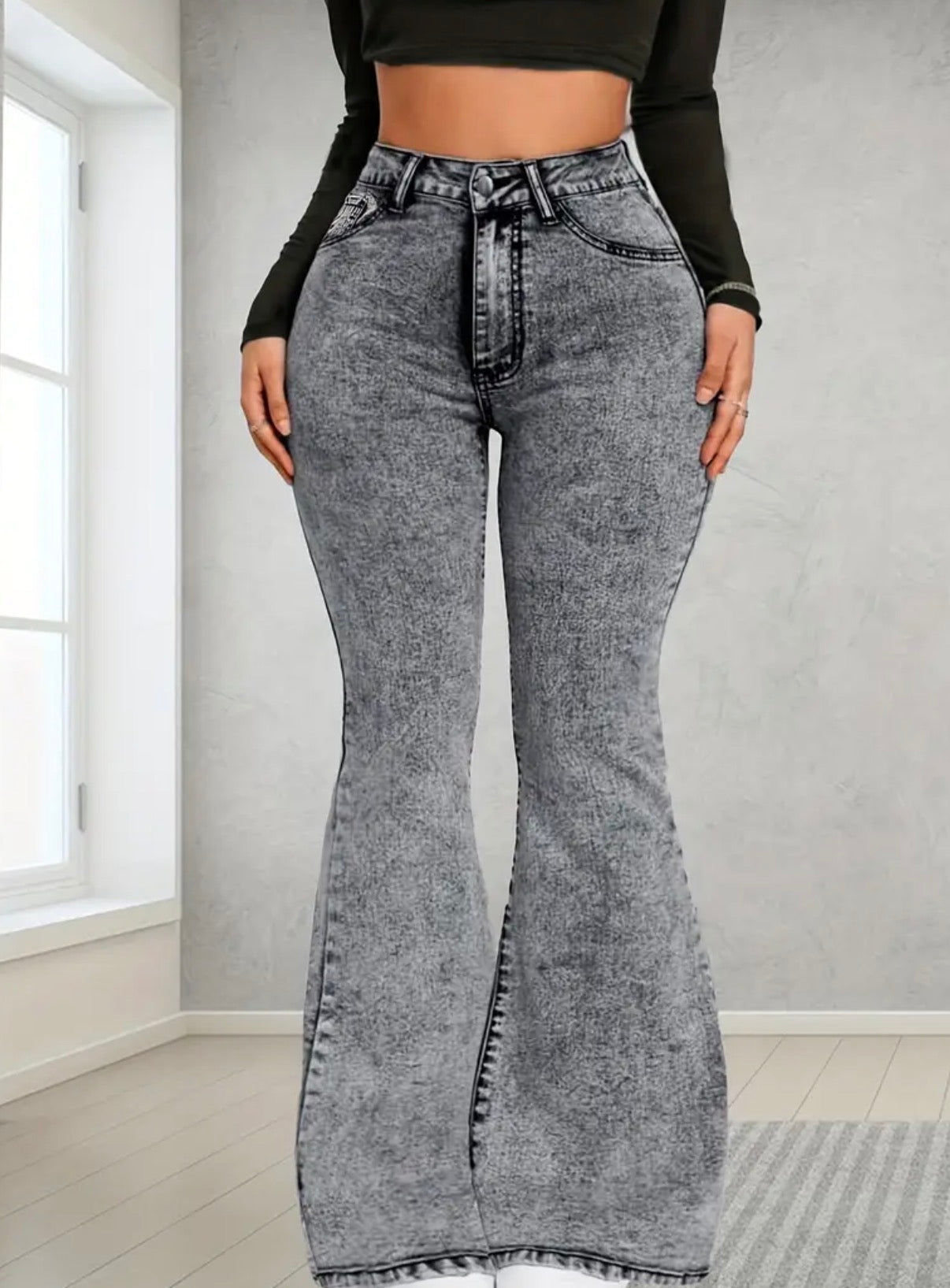 Jeans Flare in Denim Grigio con Fiocchi di Neve