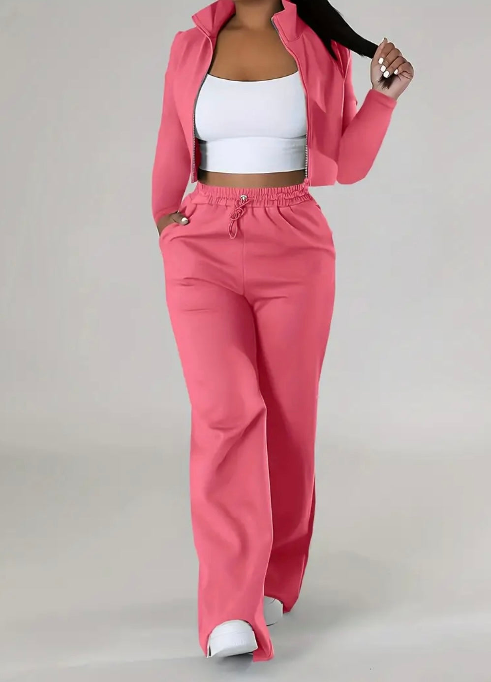 Completo Casual Donna a Due Pezzi – Top Corto con Zip e Pantaloni con Coulisse