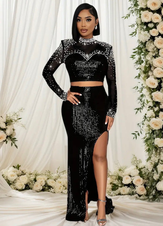 Paillettes e Spacco alla Coscia Donna con Gonna