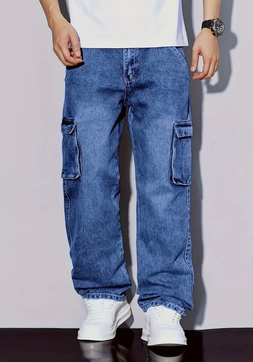 Cargo Jeans da Uomo in Denim Lavato Blu