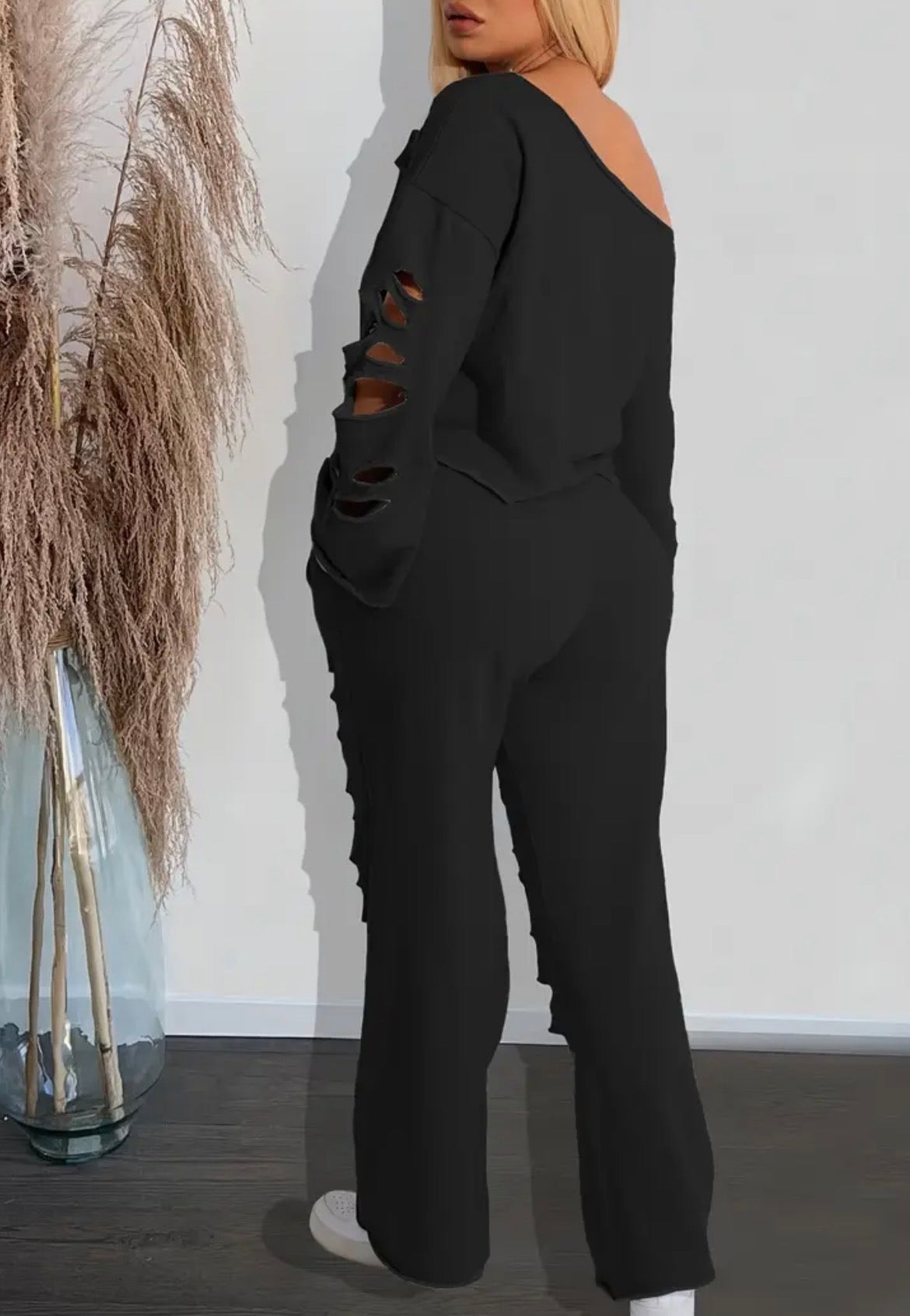 Completo 2 pezzi top e pantaloni strappati a tinta unita