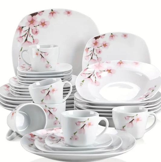 Eleganza floreale: set di piatti in porcellana da 30 pezzi